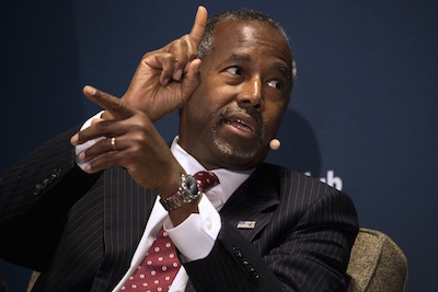 Republican presidential candidate Carson gestures as he speaks to the Commonwealth Club in San Francisco