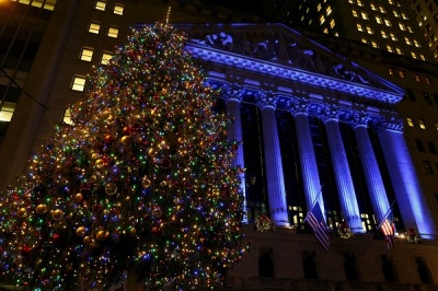 The New York Stock Exchange is decorated for the holiday season in New York